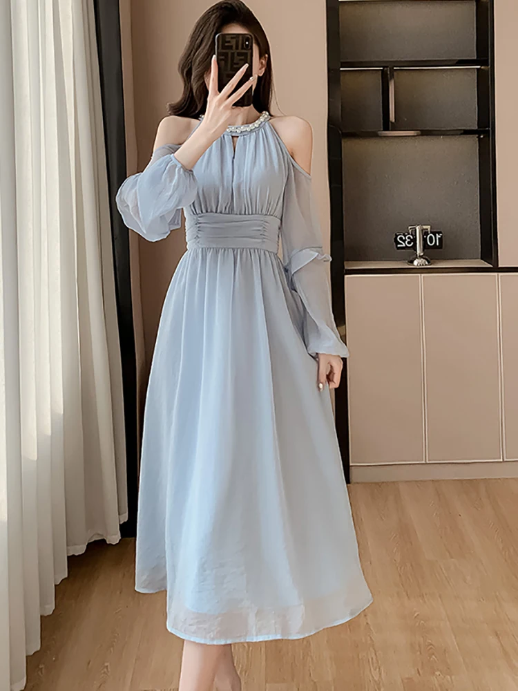 Women Blue Chiffon Off Shoulder Sexy Long Dress Spring Elegant Chic Diamonds Casual Dress 2024 Korean Fashion Bodycon Prom Dress