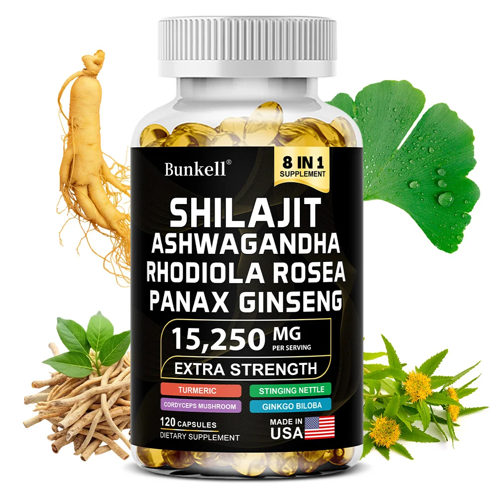 كبسولات شيلاجيت مع الجينسنغ، أشواغاندا، الكركم، الجنكة بالوبا، 8 في 1 مكمل للطاقة وكتلة العضلات، 120 كبسولة