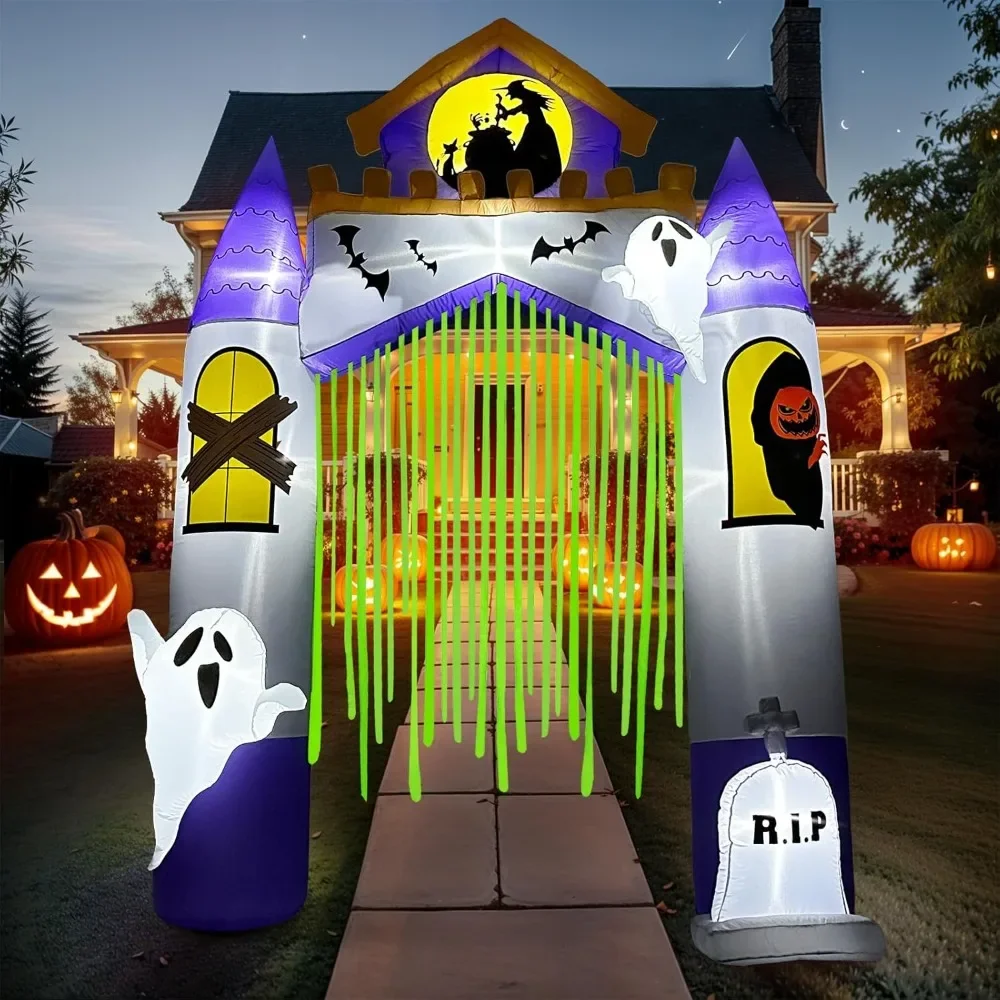 10FT Halloween Inflatables Outdoor Decorations, Ghost Castle Halloween Inflatable Archway Blow Up Yard Decorations, Infl