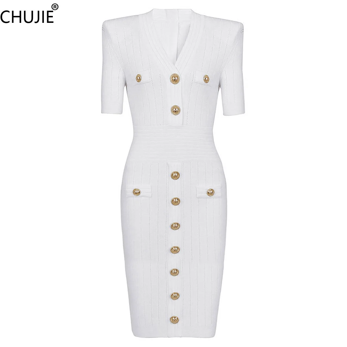 

CHUJIE V-Neck Knit Dress Slim Fit Office Commuter Dress Stretch Short Sleeve SS25 with Gold Buttons