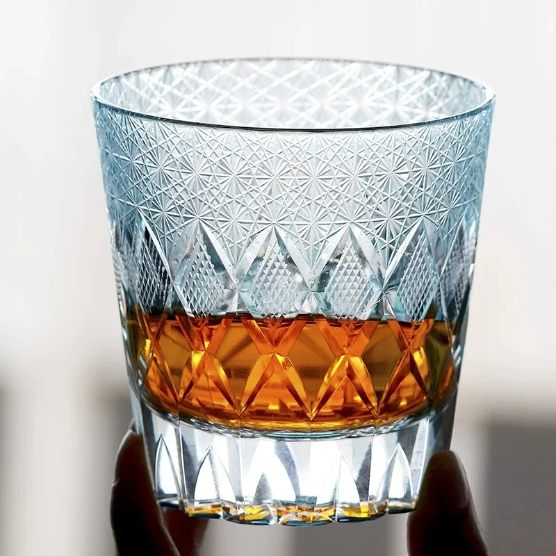 Heart of the Ocean Geometric Chrysanthemum Whiskey Glass Hand Engraved Edo Kiriko Crystal Tumbler, Japanese Barware 320ml
