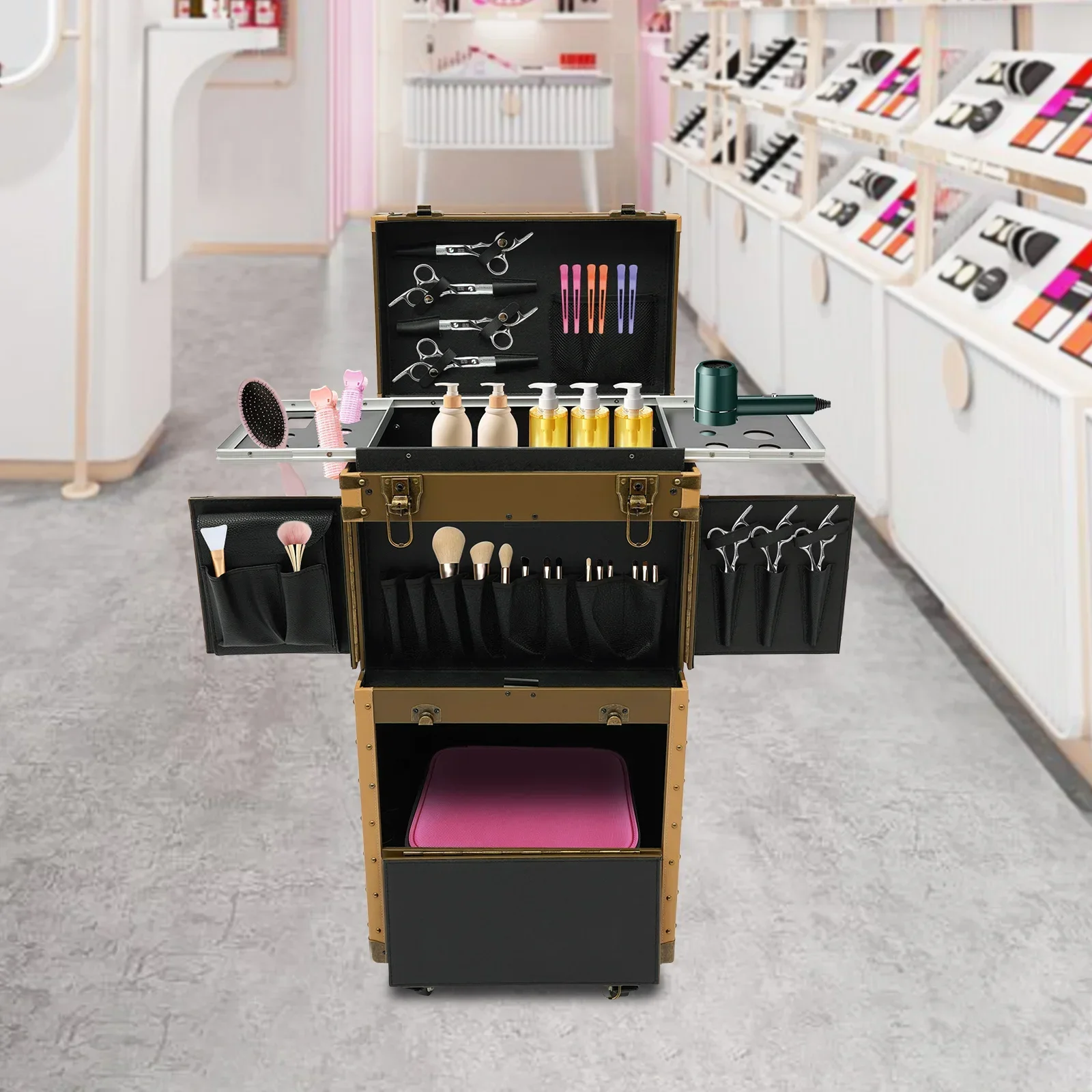 Estuche de peluquería punk dorado duradero: cerraduras con contraseña móvil para una organización segura de herramientas de salón