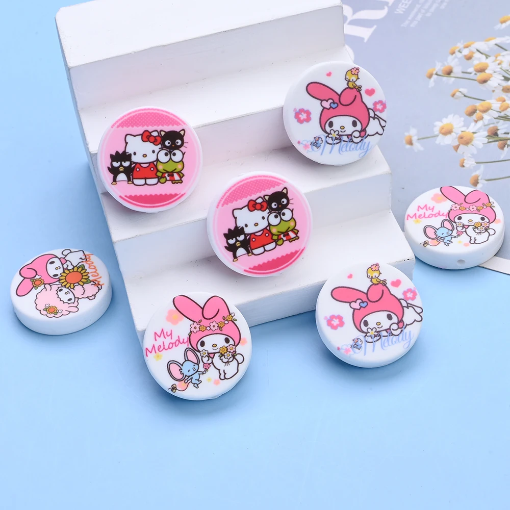 

4Pcs 28mm Silicone Flat Beads Sanrio Print Focus Beads For DIY Handmade Necklaces Bracelets Pacifier Chains Keychains Making