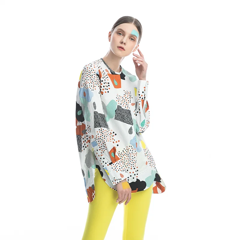 

Оригинальный дизайн, летний цветочный узор, длинный свободный топ средней длины с круглым вырезом, модный, уникальный, из смесового хлопка и полиэстера