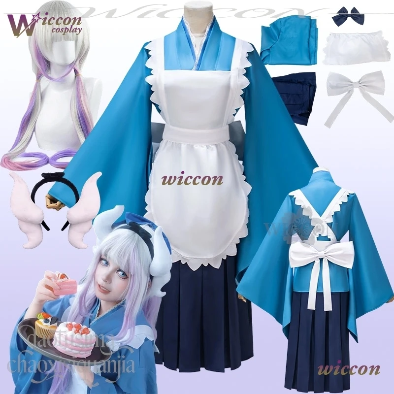 Disfraz de Cosplay de Kanna Kamui de WuHU, Anime Miss Kobayashi's Dragon Maid, Kimono Japonés Taisho, Vestido de Sirvienta Azul Kawaii, Lolita Dulce, Navidad