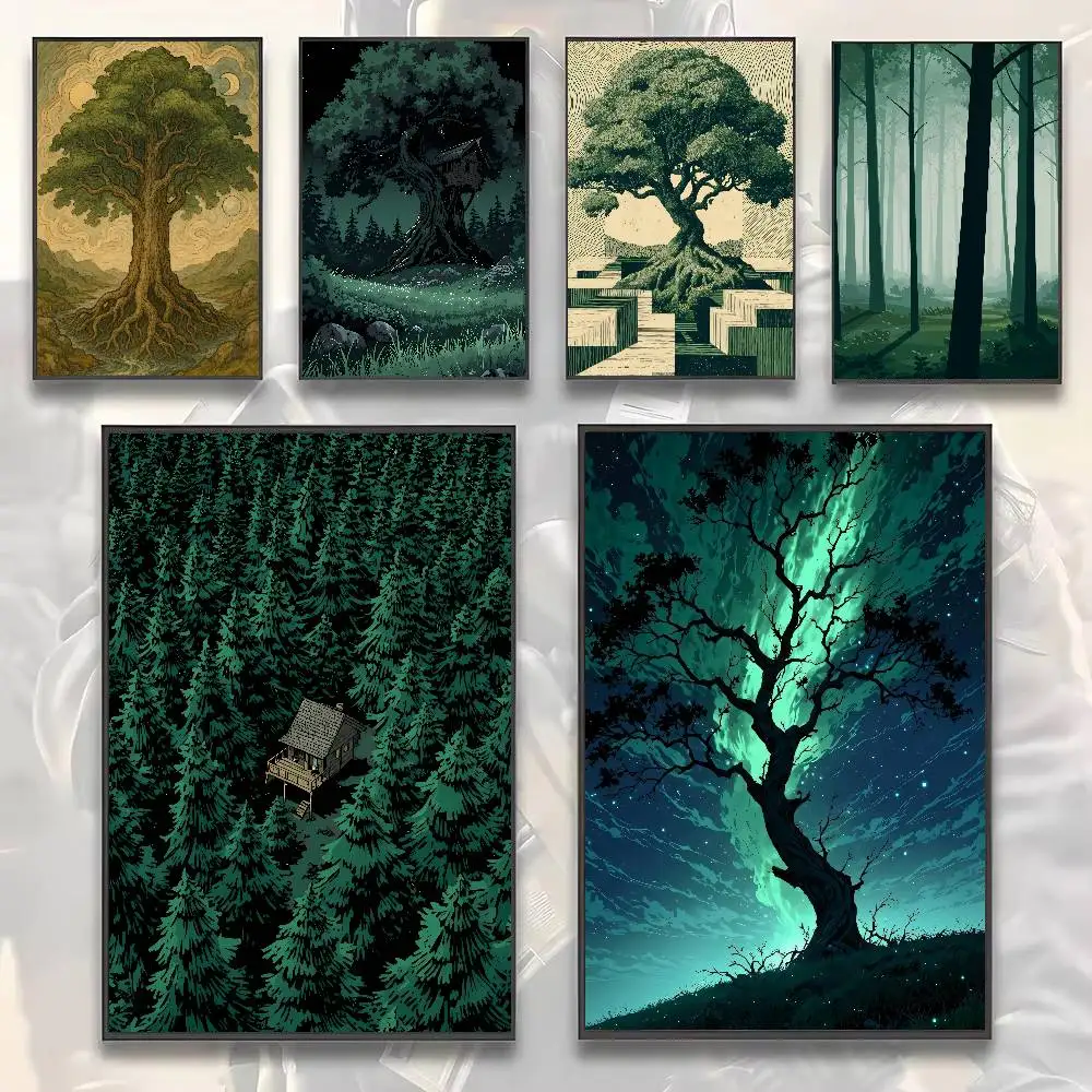 Cool Modern Style Green Eye Protection Green Tree Poster Self-adhesive Art Paper Sticker Coffee House Bar Room Wall Decor