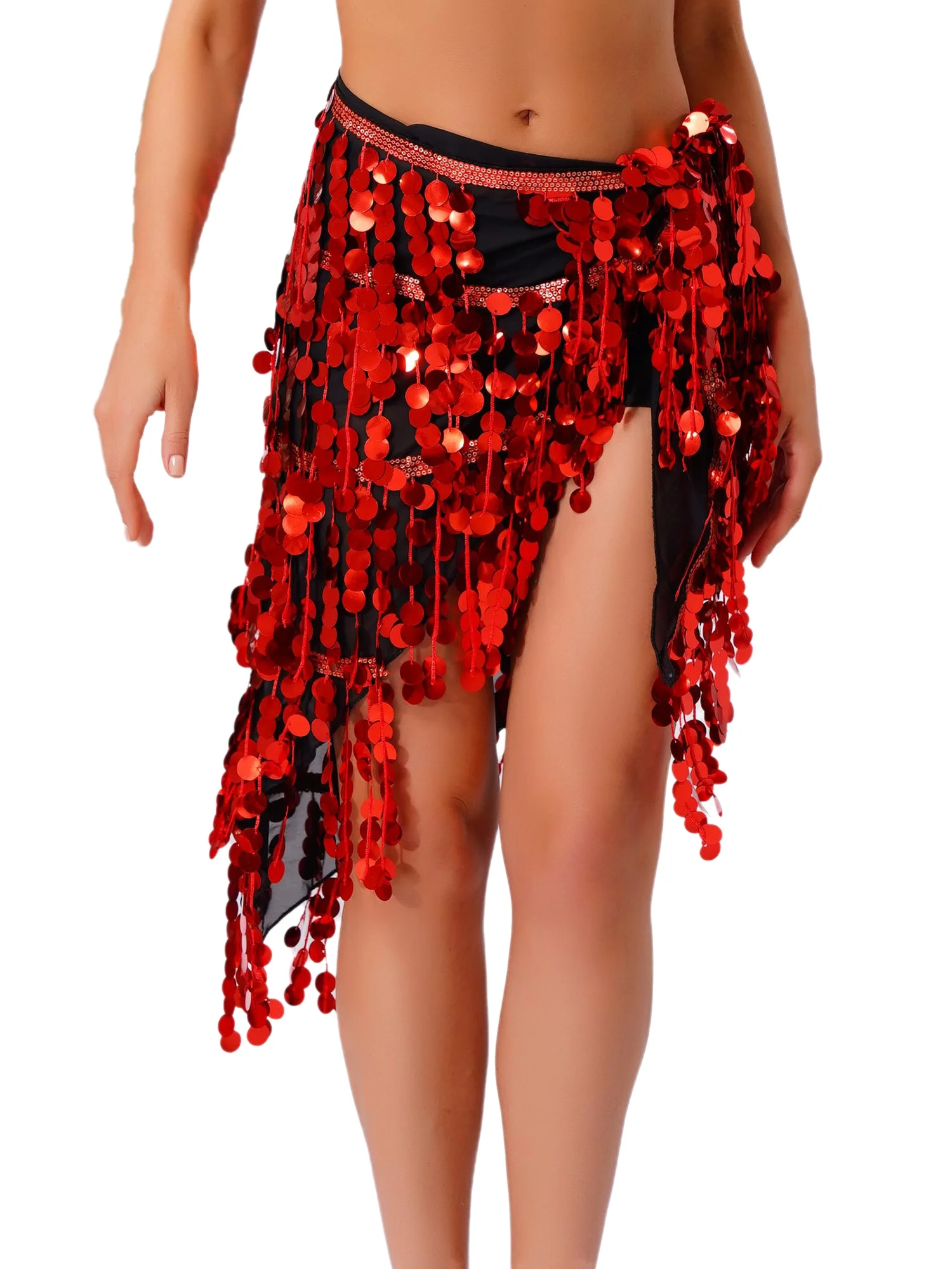 Costume da donna per performance di danza latina del ventre, maglia trasparente con nappe con paillettes scintillanti, sciarpa a triangolo con lacci, catena in vita