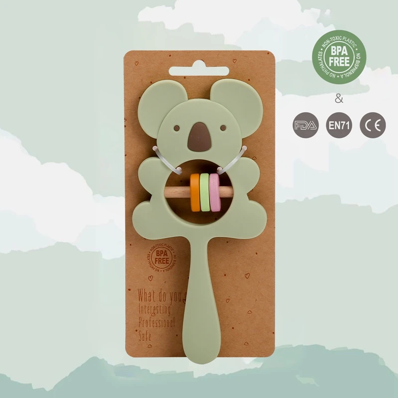 5Pc Siliconen Bijtring Koala Olifant Handbellen Rammelen Bpa Vrije Knaagdieren Tandjes Ketting Food Grade Baby Kauwbaar Babyspeelgoed