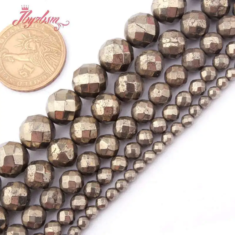 Natural Faceted Pyrite Round Stone Beads For Necklace Bracelets Jewelry Making Strand 15 Inches DIY Loose Beads 2/3/6/8/10mm