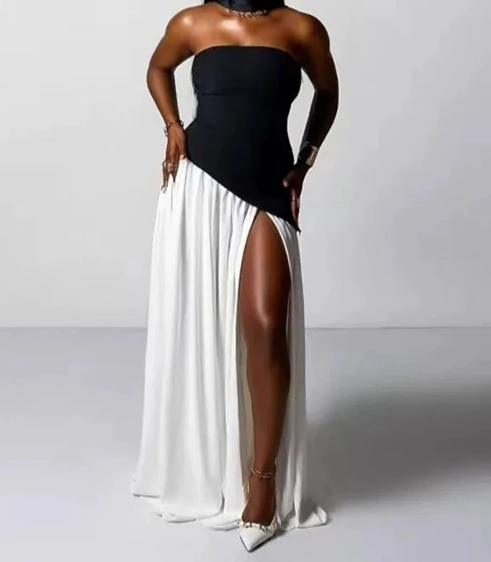 

2025 European and American new sexy black and white splicing tube top dress elegant bandage skirt-GZXX1053