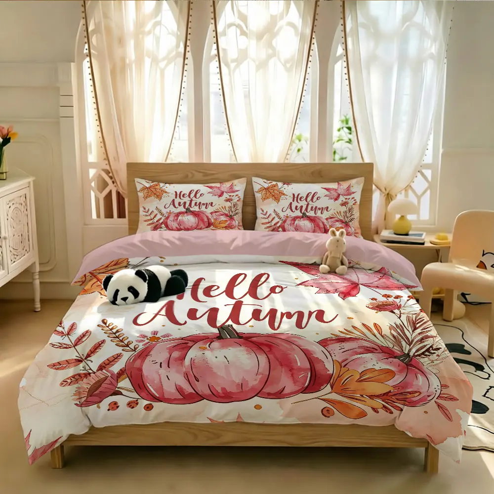 3pcs Watercolor Pumpkin Maple Leaf duvet cover Soft duvet cover coreless 1 Bedding Cover 2 Pillow Covers Machine Washable