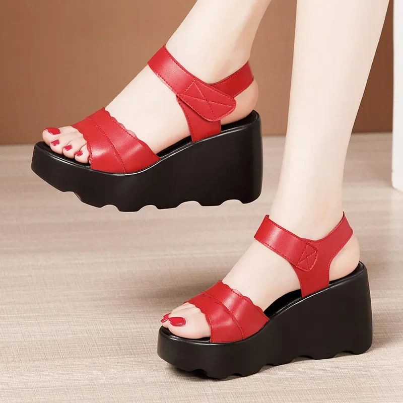 Small Size 32-43 New Office Ladies Platform Sandals Summer Leather Shoes 2024 Casual High Heels Wedges Sandals Office Mother