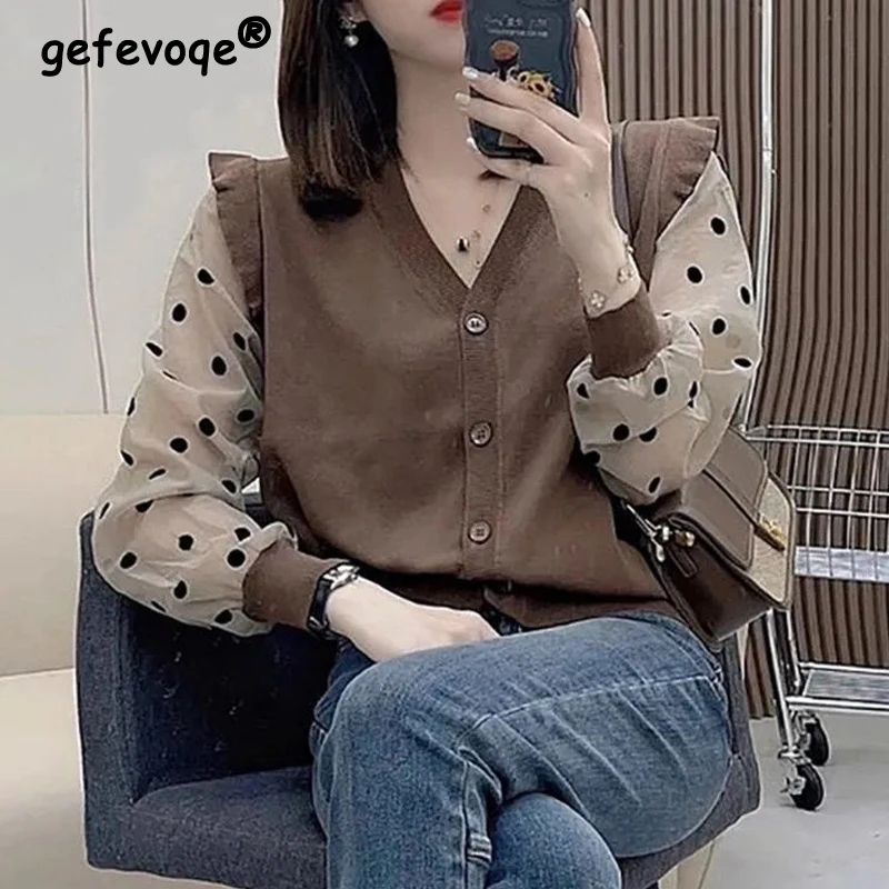 

Women Fashion Polka Dot Print Patchwork Blouses Vintage Casual V Neck Long Sleeve Knitwears Female Chic Elegant Button Cardigan