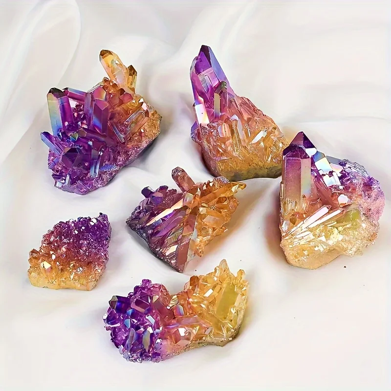 1PC Angel Aura Crystal Cluster | Purple & Yellow Quartz, Titanium Rainbow Lemurian Point for Decor, Table | Unique Holiday Gift