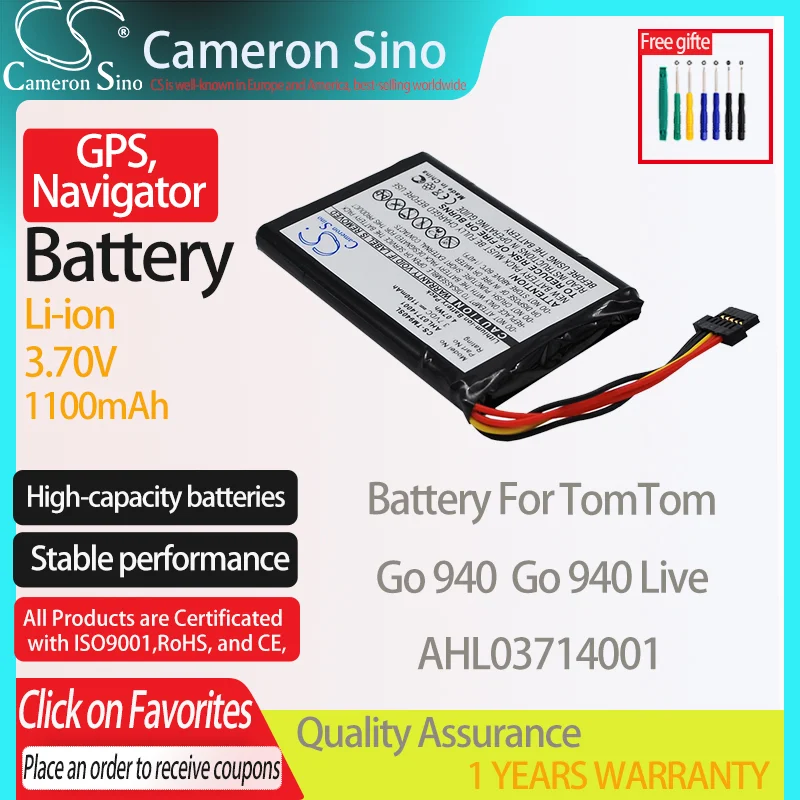 CameronSino แบตเตอรี่สำหรับ TomTom Go 940 Go 940 Live เหมาะกับ TomTom AHL03714001 GPS,navigator แบตเตอรี่1100MAh 3.70V Li-Ion สีดำ