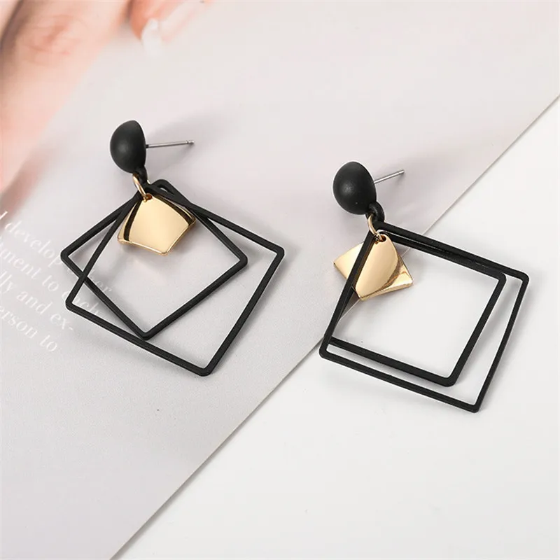 Multilayer Geometric Square Drop Earrings for Women Wedding Party Simple Jewelry Black Acrylic Hollow Statement Dangle Earrings