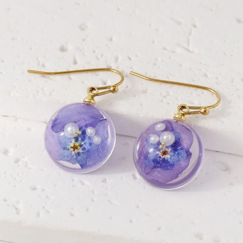 

Unique Immortal Flower Small Round Earrings Cute Epoxy Resin Natural Flower Earrings Pressed Flower Statement Jewelry Wholesale
