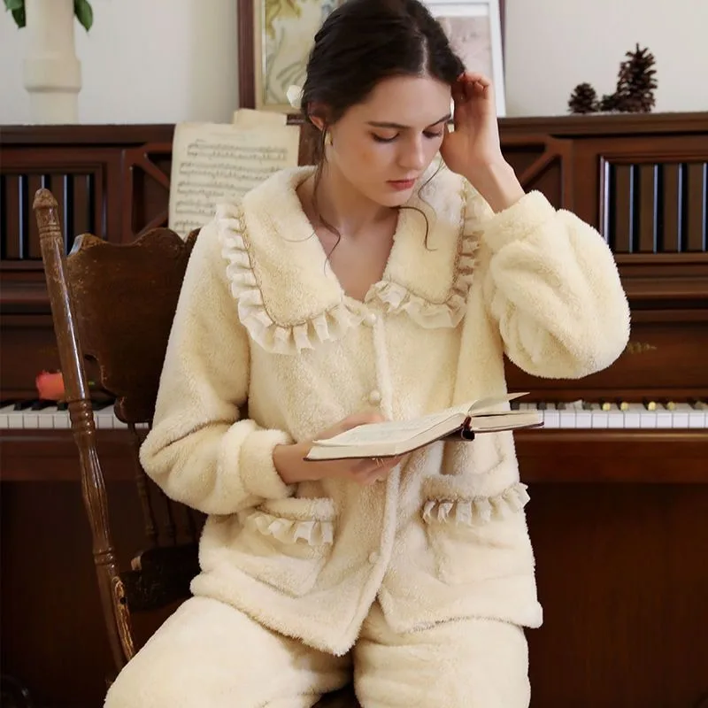 Loungewear Coral Fleece Thick Pajamas Women New 2024 Fall Winter Sleep Clothes Palace-style Famale Warm High-end Homewear Set
