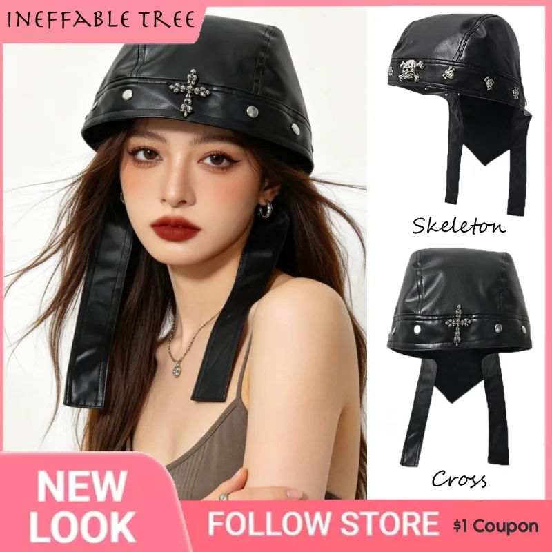 Punk Faux Leather Skull Rivet Bandana Retro Pirate Hat Unisex Cosplay Party Personality Head Wrap Daily Costume Hat