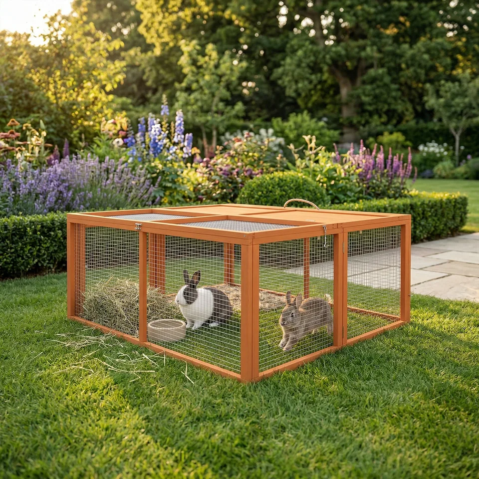 Folding Wooden Rabbit Hutch with Openable Top