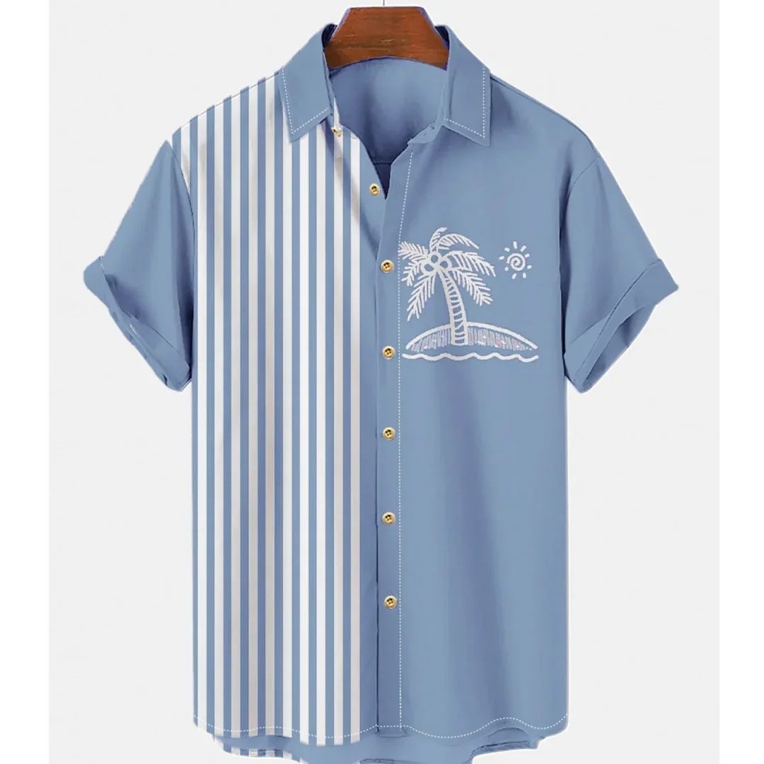A Hawaiian-style shirt with coconut tree pattern, a short-sleeved casual shirt suitable for men, summer fashion clothing, large-