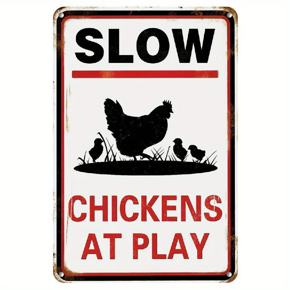 Polli lentos al gioco Segnale di avvertimento Divertente cartello di avvertimento di sicurezza in fattoria Decorazione da parete in metallo vintage Novità Pollo in fattoria
