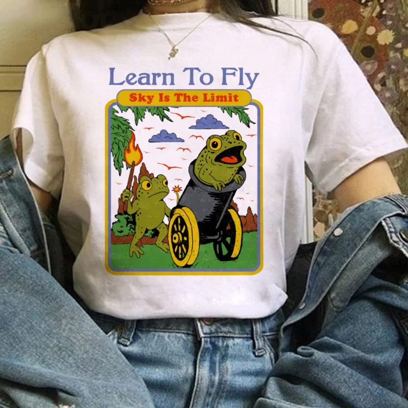 

Женская забавная одежда с короткими рукавами и принтом «Учень летает лягушку», повседневный топ с принтом, женская милая уличная белая футболка с героями мультфильмов