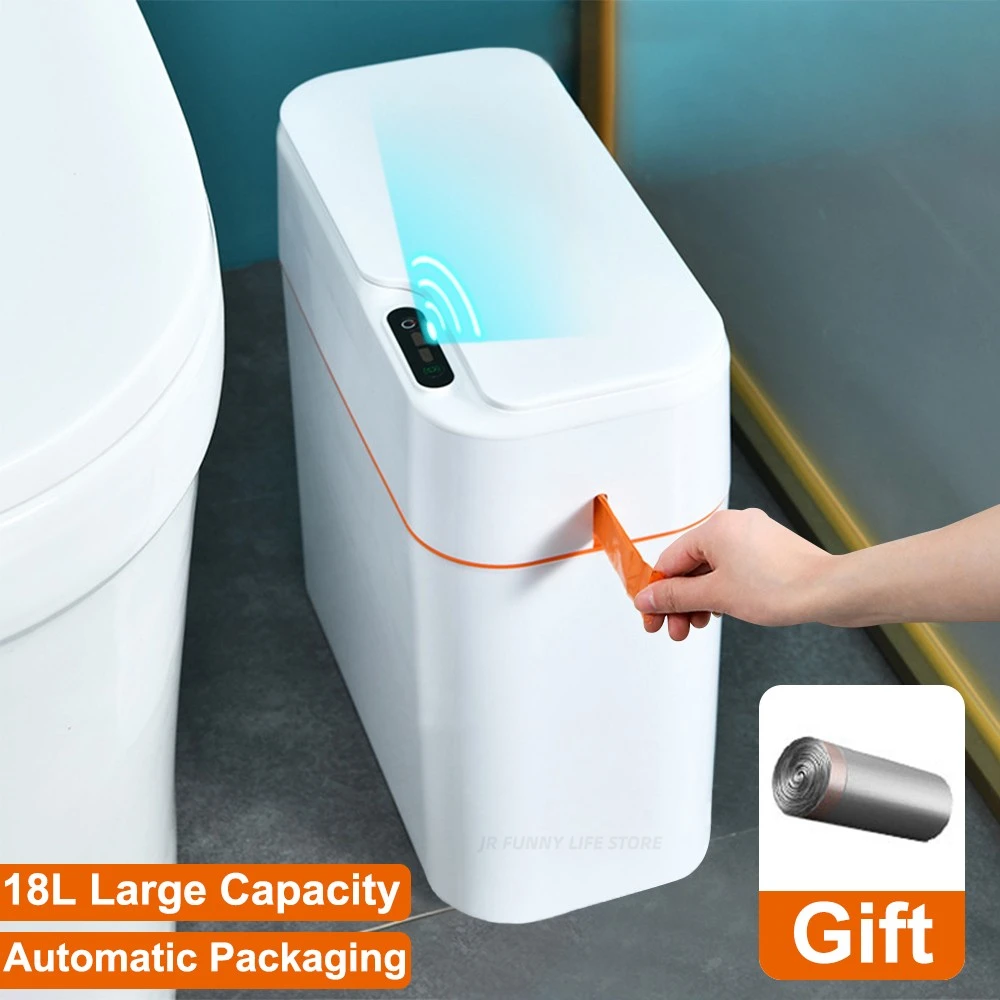 Pattumiera intelligente a tenuta automatica da 18 litri per bagno, toilette, cucina, bidone della spazzatura impermeabile con coperchio, pattumiera