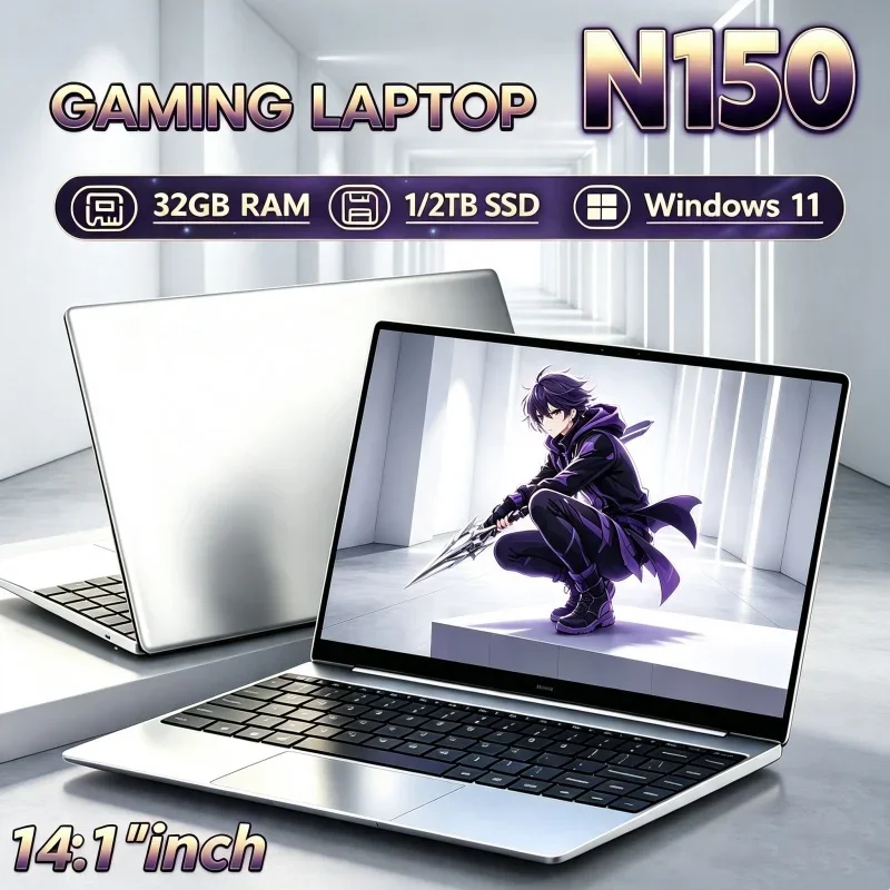 Intel N150 14.1" Compact-storage Gaming Laptop Windows 11 32GB RAM 1/2TB M.2 SSD Laptops 4K HD Desktop Office Study Notebook