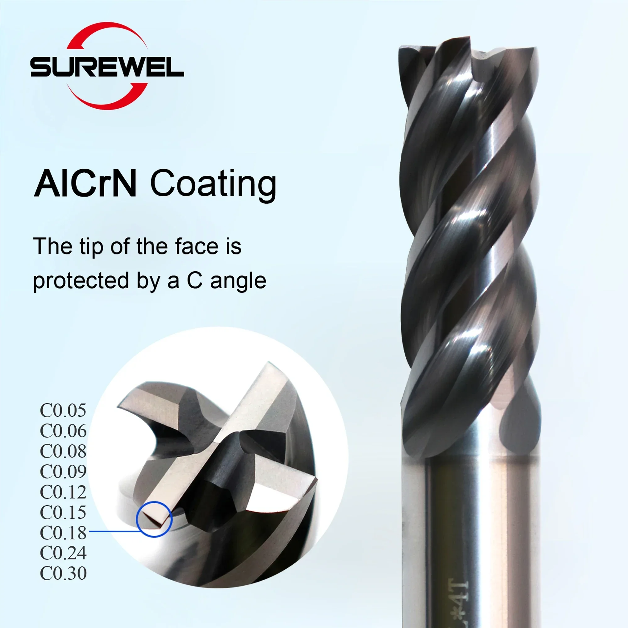 SUREWEL-4 flauta fresa de carboneto de tungstênio para usinagem de aço inoxidável, liga de titânio-fresa CNC com revestimento de ângulo C