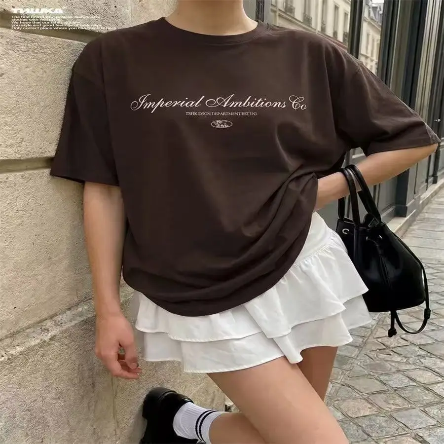 Dark Brown Letter Printed Korean Fashion Casual Y2k Tees Tops Women's Clothes Short Sleeve Loose T-shirt Female Summer 2026 New