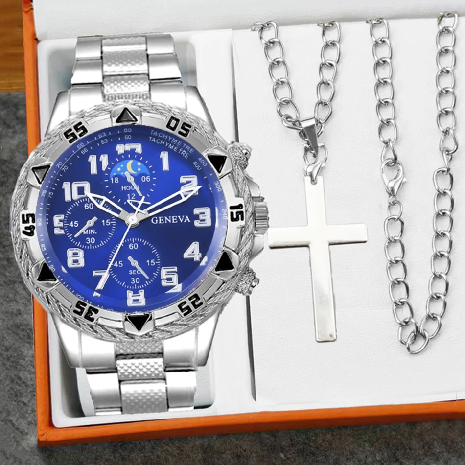 남자 시계 세트 + 크로스 패션 캐주얼 스테인레스 스틸 3 다이얼 쿼츠 시계 아버지의 날 졸업 선물 세트