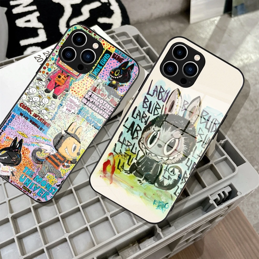 Cute Labubu illustrations Graffiti Phone Case Tempered Glass For IPhone 15 14 11 12 Pro Plus 13 14 Pro Samsung S24 Ultra Covers