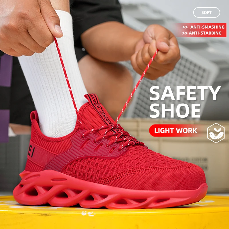 أحذية عمل آمنة للرجال باللون الأحمر قابلة للتنفس ومقاومة للثقب في الهواء الطلق أحذية غير قابلة للانزلاق أحذية رياضية للعمل للرجال قابلة للتنفس #5