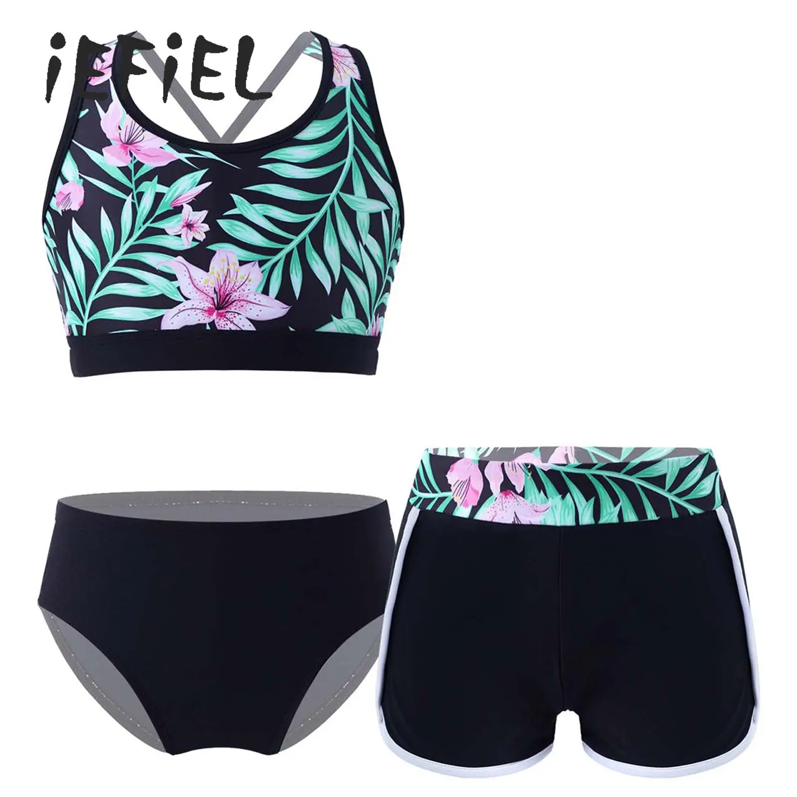 

Girls Swimsuit Tropical Plant Tankini Swimwear 3-Piece Bikini Set with Shorts Briefs Summer Beach Pool Swimsuit Bathing Suit