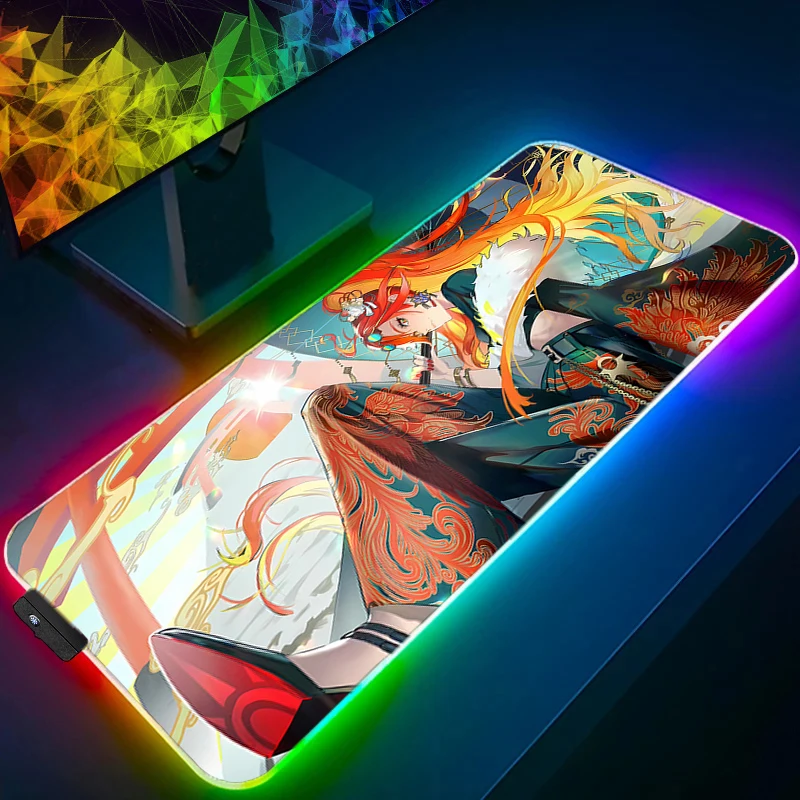 لوحة ماوس LED مطاطية RGB ملحقات ألعاب الكمبيوتر لوحة ماوس Genshin Impact Mavuika مكتب ماوس حصيرة ألعاب السجاد لوحة المفاتيح