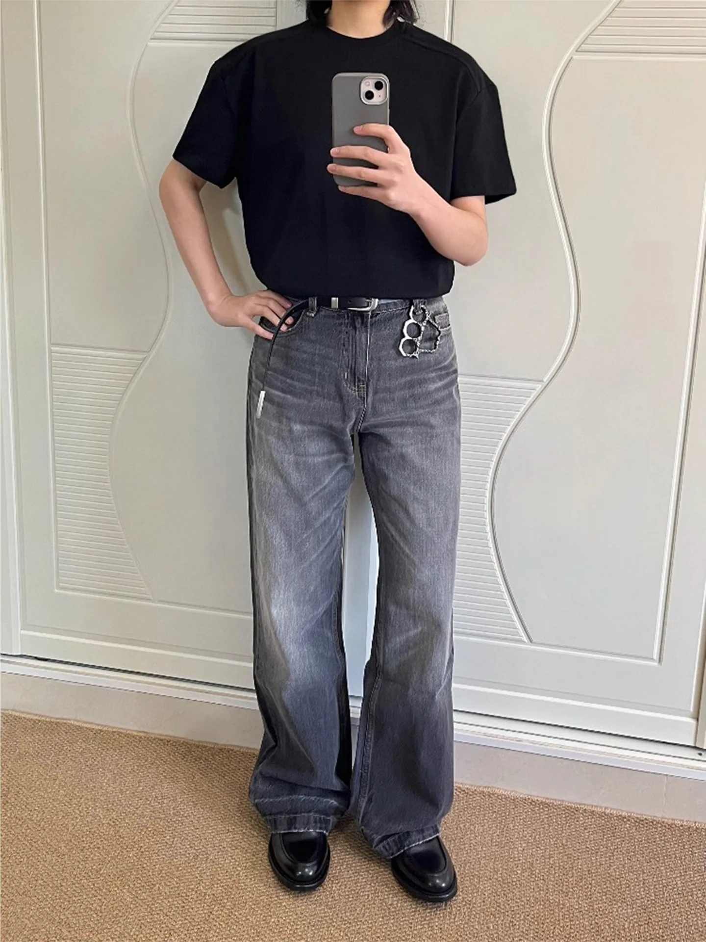 Jeans man pants Gender Neutral Ice Blue Washed Heavy Weight Whiskering A Line Wide Leg Jeans