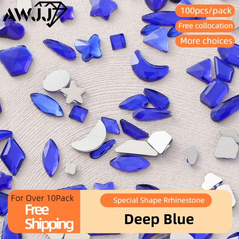 100pcs Shiny Deep Blue Nail Diamonds: High Quality Diverse Shapes Precision Cutting Nail Art Rhinestone Eco-Friendly & Safe