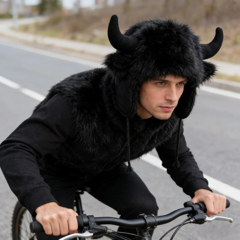 1 قطعة قبعة شتوية دافئة لحماية الأذن مضحكة برأس الثور من القطيفة - قبعة مقاومة للرياح والبرد للنساء لركوب الدراجات في الهالوين