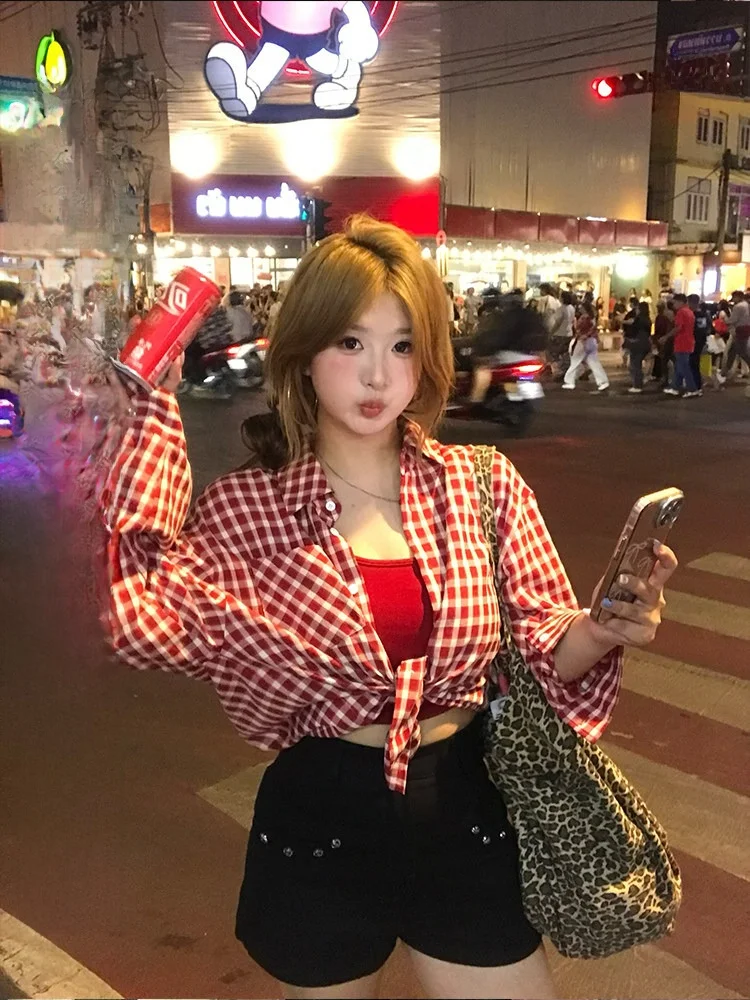 

Ретро-комплект: клетчатая рубашка и жакет с лямкой через шею, летний, милый, для полных женщин, повседневная хлопковая солнцезащитная верхняя одежда, рубашка на пуговицах