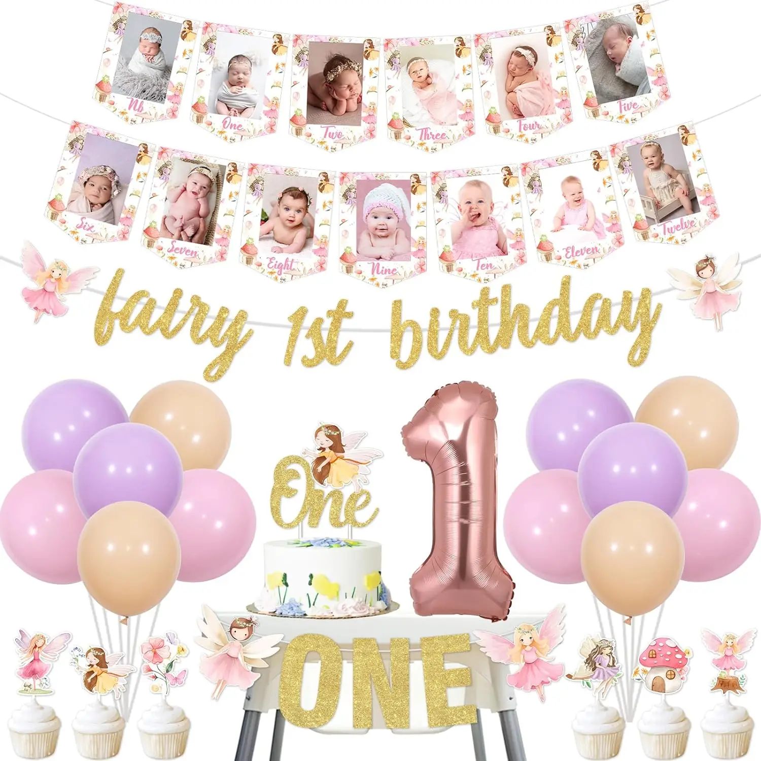 

Fairy 1st Birthday Party Decor Supplies with Fairy 1st Birthday Banner, One Cake Topper,12 Months Photo Banner and Balloons