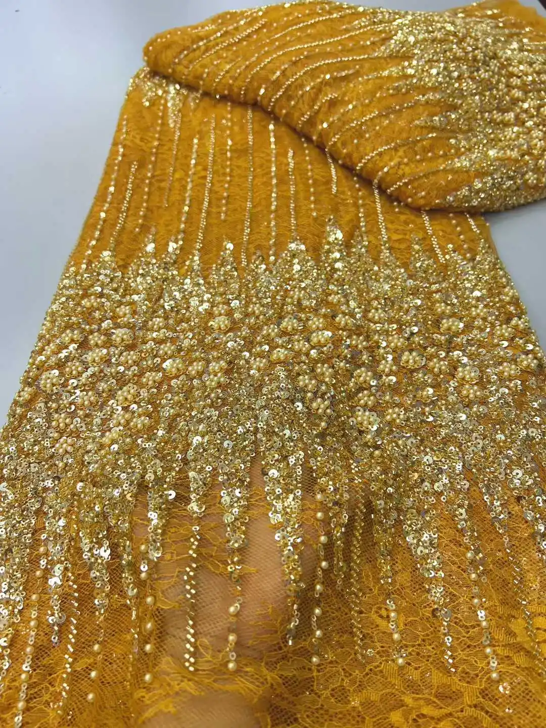 Black Beads Lace Fabric African Lace Fabric 5 Yards High Quality 2025 Sequins Tulle Lace Fabric For Wedding Party Dress Sewing