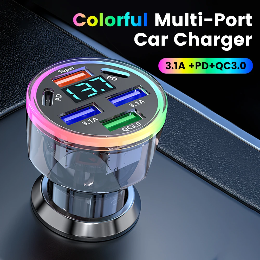 6 Ports Car Charger 4USB + 2Type-C PD Fast Charging Transparent Digital Display Car Mobile Phones Adapter With Ambient Lighting