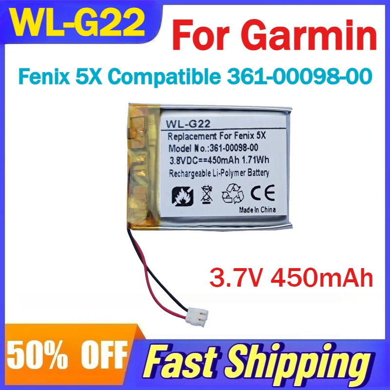 WL-G22 3.7V 450mAh Sports Watch Lithium-ion Battery for Garmin Fenix 5X Compatible 361-00098-00 Batteries