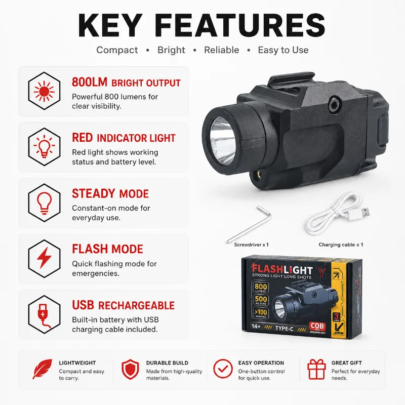 Durable Metal Under Mount Light Module 800LM Bright Light Red Indicator for 20mm Rail Hobby Model Kit