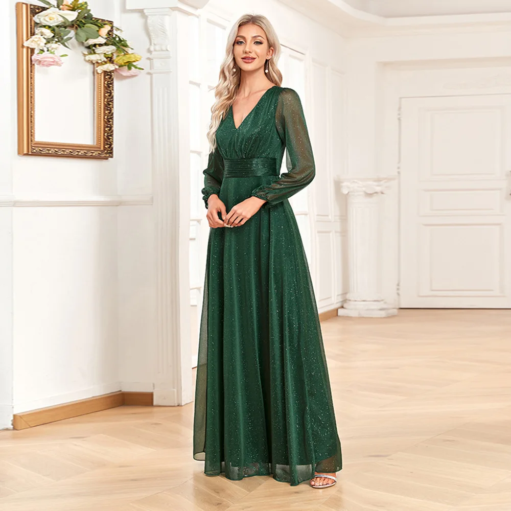 Bling dunkelgrün volle Ärmel Abendkleid eine Linie bodenlangen Tüll lange formelle Kleid für Frauen Party Monther von Brautkleid ern