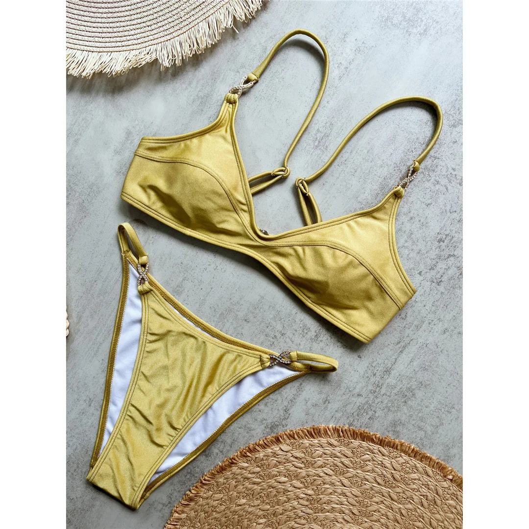 10 Farben, V-Ausschnitt, mit Strasssteinen verzierter Bikini, Damen-Badeanzug, zweiteiliges Bikini-Set, gepolsterter Badeanzug, Badebekleidung, Modell V8138. – Detail 19