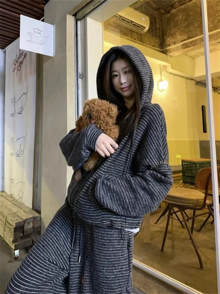 

Winter New Style Korean Lazy Stripe Long Sleeve Hoodie Top High Waist Slim Wide Leg Pants Set Women's Fashion Ensemble