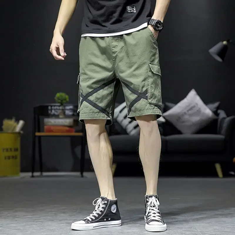 Men's Cargo Shorts with Draw String Loose Baggy Male Short Pants Black Wide Summer Clothes Harajuku Y2k Vintage 2024 Fashion Man