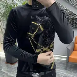 Golden Velvet Animal Horse Pattern O-Neck Social Club Clothing Designer European Fashion Men Tee Shirt Homme Long Sleeve T-shirt